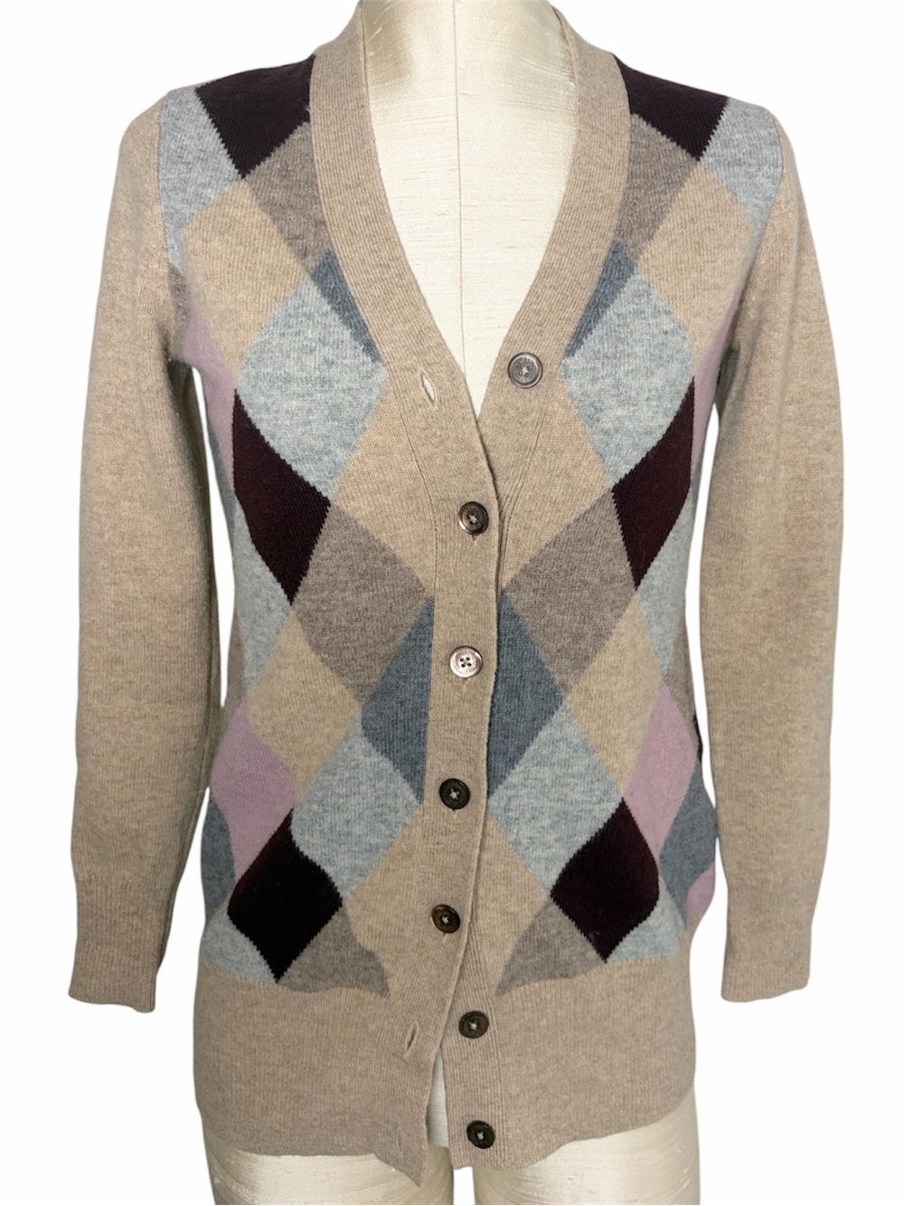 Brooks Brothers Argyle Button-Front 100% Lambswool Cardigan Sweater Tan XS